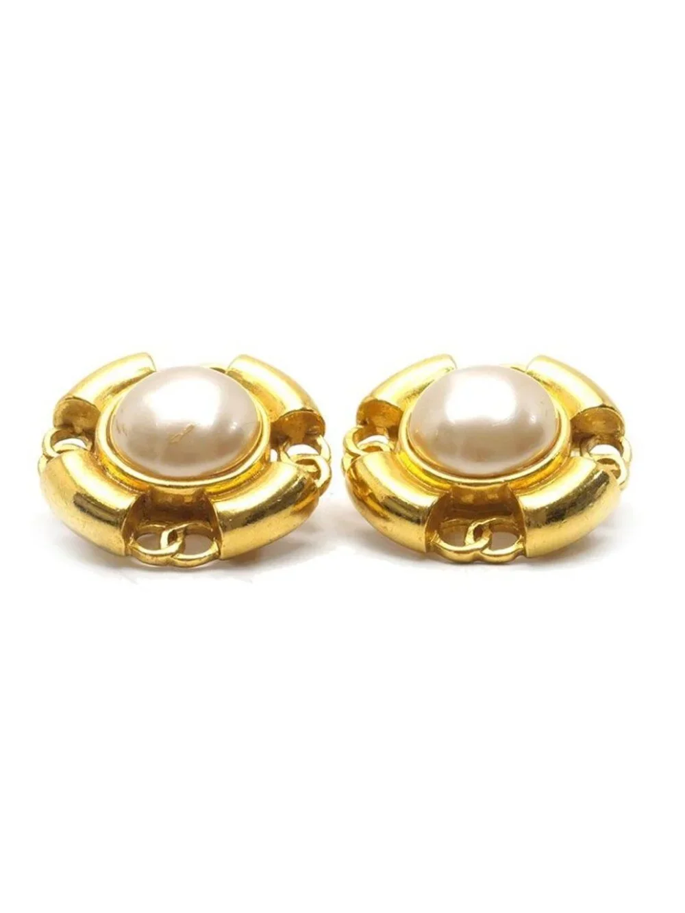 Chanel Faux Pearl Earrings 93P Gold Plated